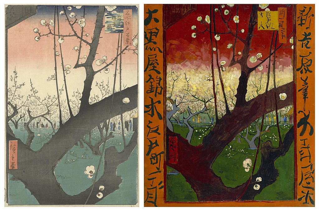 The plum at Kameido by Utagawa Hiroshige (1857). Flowering Plum tree, Vincent van Gogh (1887).