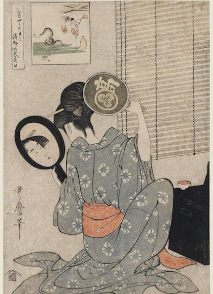 The Coiffure, Mary Cassatt, 1890-91 and Takashima Ohisa Using Two Mirrors to Observe Her Coiffure, Kitagawa Utamaro , ca. 1795