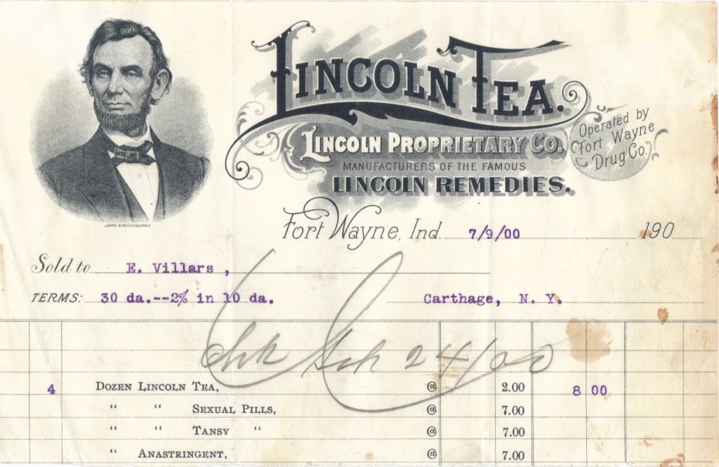 Invoice from Lincoln Tea, 1900. The text is typed with a typewriter.