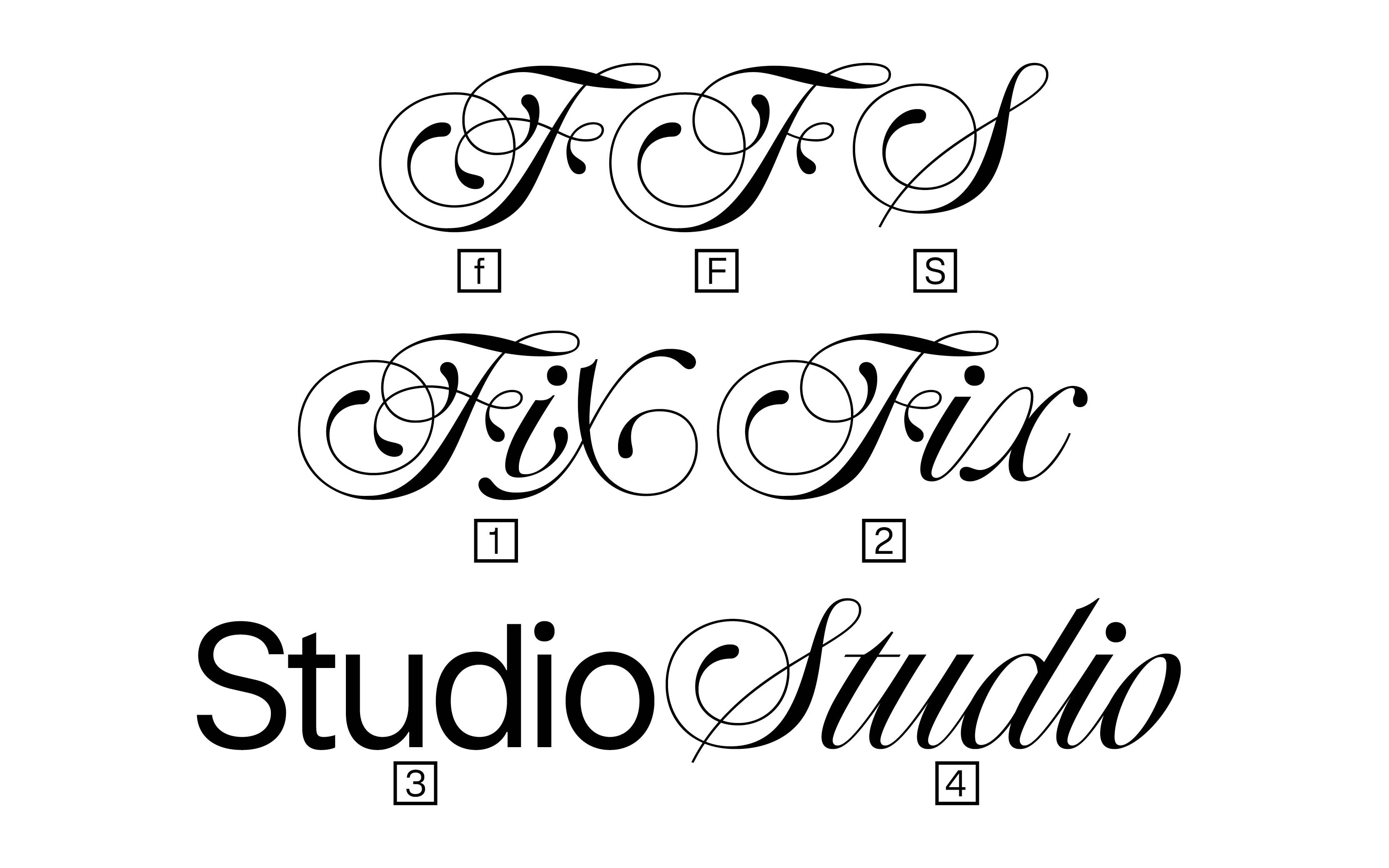 The Variable Font file is the best tool to create variation inside the same logo. To be short, here’s the keys corresponding to the various elements. The designer can combine the initials (ornate or simple F, also S for Studio), the Fix wordmark (ornate FiX or simple Fix), the Studio wordmark (in sans serif or in Spencerian Script).