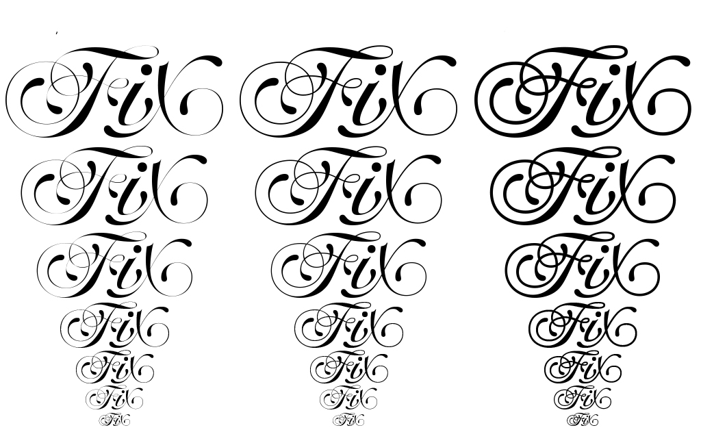 The three optical sizes (display, text and micro) of the Fix logo with its ornate X. At small size, the micro version is far more legible than the others.